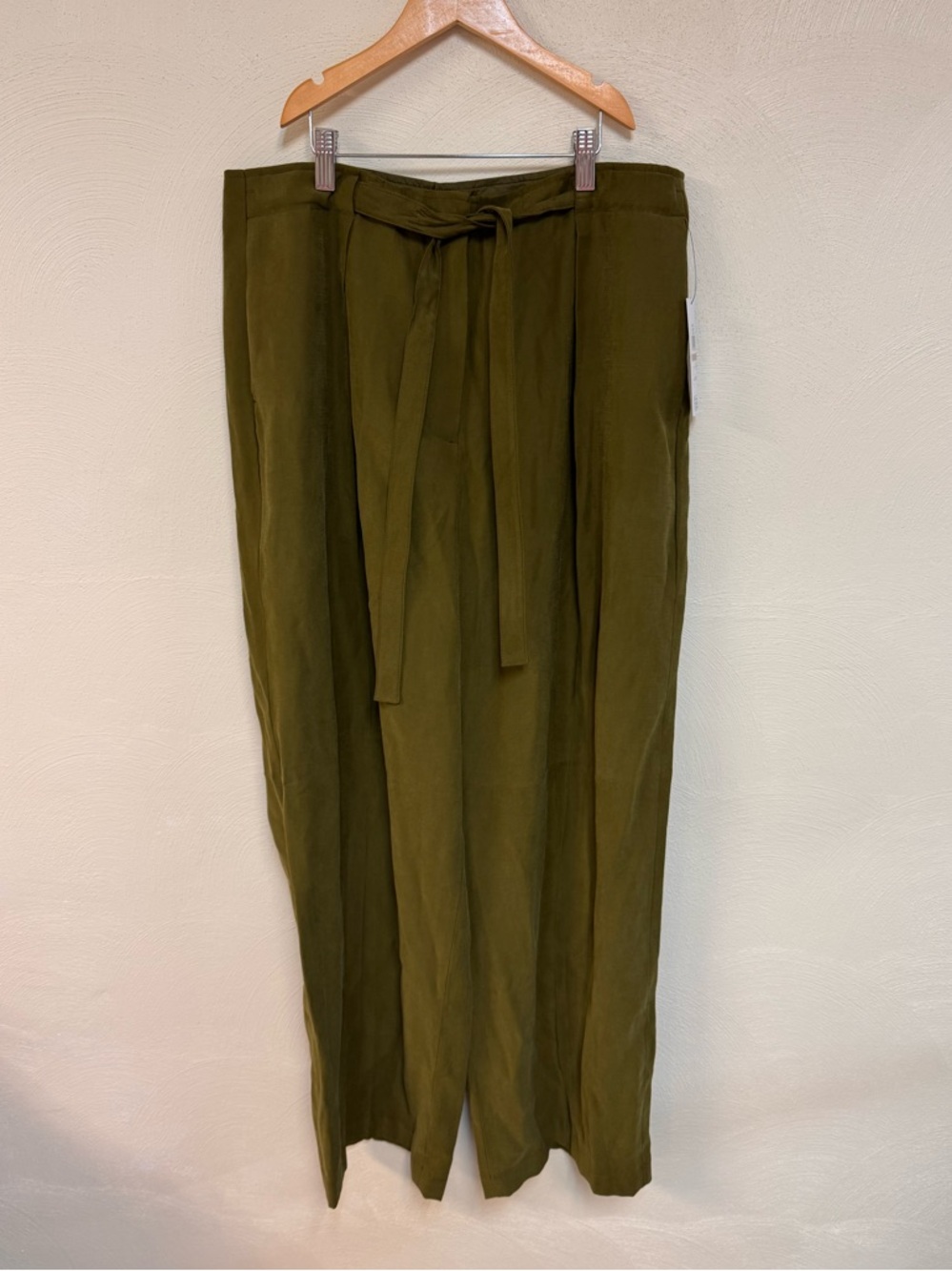 DKNY Dark Olive Twill Dress Pants Tie-Waist Tapered Mid Rise 12 wide leg